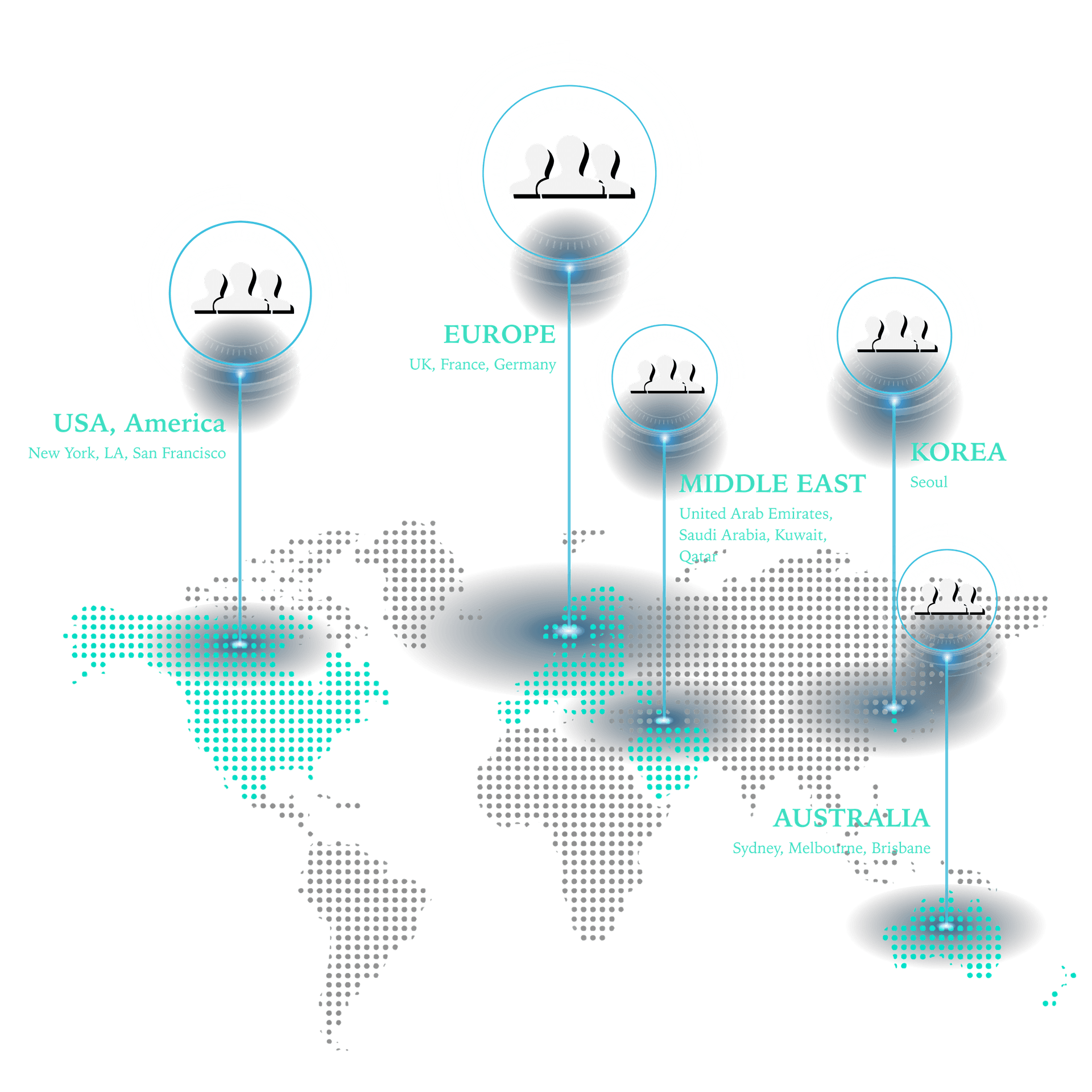 미국, 유럽, 중동, 한국, 호주 등 글로벌 팀 네트워크 지도